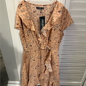 Boohoo Asymmetrical Floral Apricot Dress